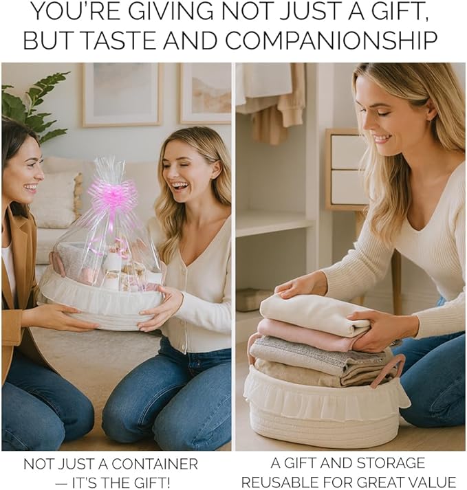 Cotton Rope Gift Basket with Handle– White Woven Storage Basket with Organza Lace, Decorative Bin for Baby Shower, Housewarming, Nursery, Toys, Towels, Baby Accessories, Easter, Holiday Gifts