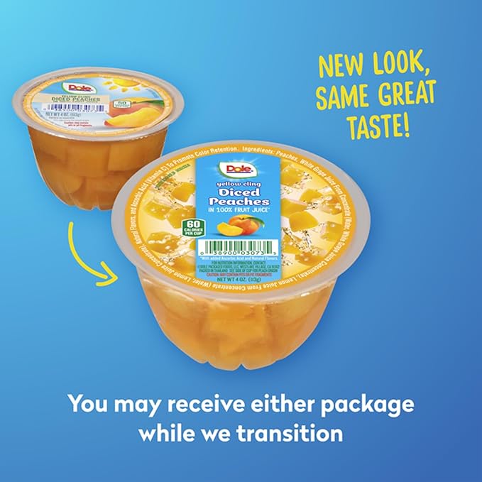 Dole Fruit Bowls Diced Peaches in 100% Juice Snacks, 4oz 36 Total Cups, Gluten & Dairy Free, Bulk Lunch Snacks for Kids & Adults