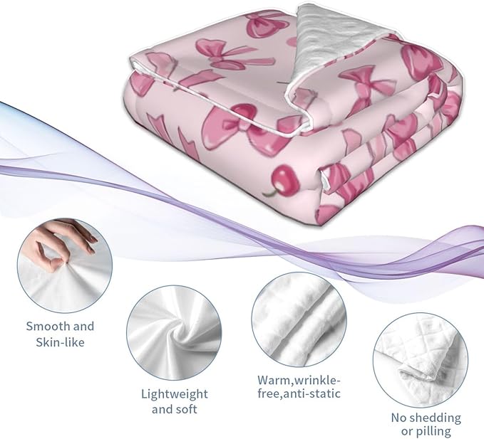 Baby Blanket Pink Bow Pattern Cherry for Boy Girl Newborn 30x40 Inch Toddler Infant Nursery Throw Blankets Double Layer Comfy Soft Plush Stroller Crib Quilt