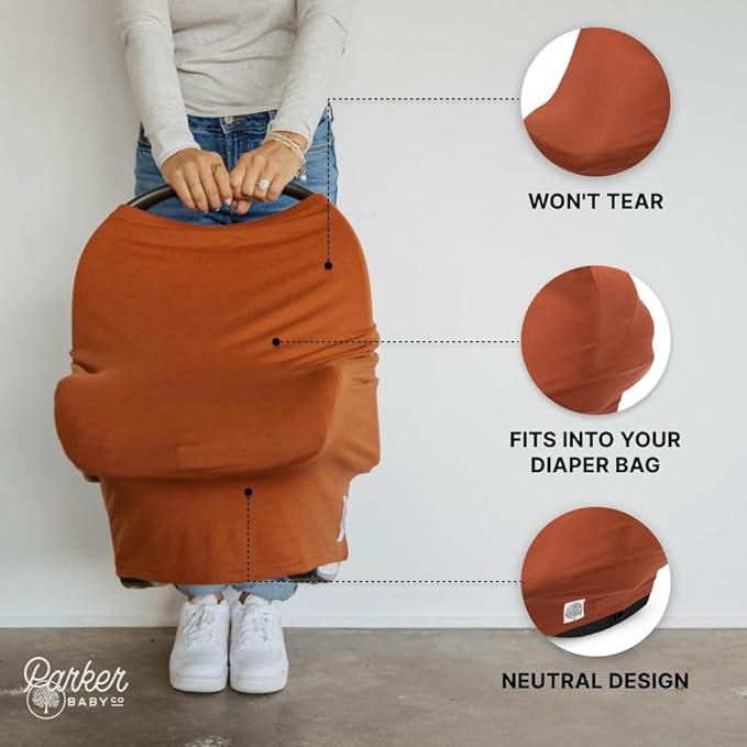 Parker Baby 4 in 1 Car Seat Cover for Girls and Boys - Stretchy Carseat Canopy, Nursing Cover, Grocery Cart Cover, High Chair Cover - “Clay”