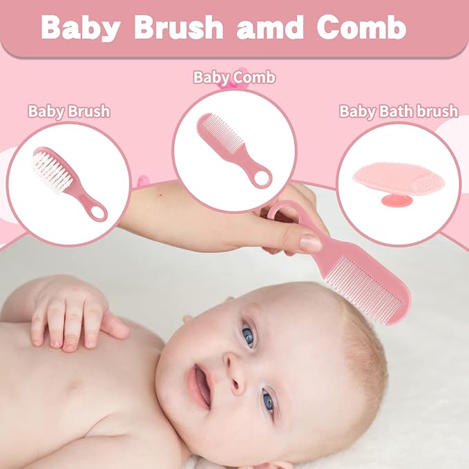 Baby Healthcare and Grooming Kit, 14 in 1 Baby Safety Set Newborn Nursery Health Care Set with Hair Brush Scale Nail Clippers for Baby Girls Boys (14 Kits Pink)