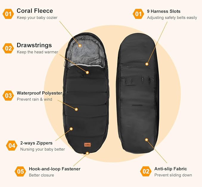 Zooawa Stroller Bunting Bag Universal, Waterproof Baby Stroller Footmuff, Stroller Sleeping Bag for Cold Weather, Extra Thick, Fits 6-36 Months Baby, Black
