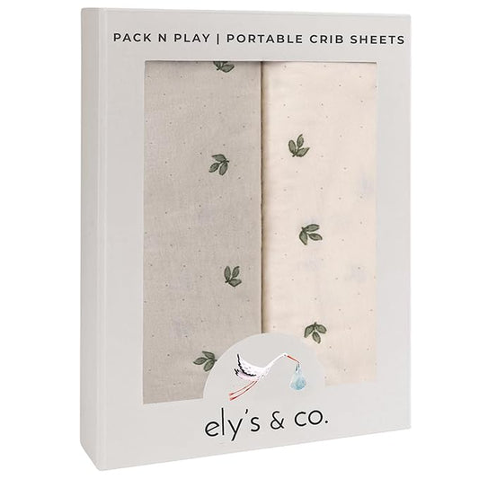 Ely’s & Co. Pack and Play Sheets, for Mini/Portable Crib, 2 Pack Fitted Playpen Play Yard Sheet Set Compatible with Graco Pack n Play, for Baby Boys/Girls, 100% Cotton, Sage Vintage Leaf, 38”x24”x5”