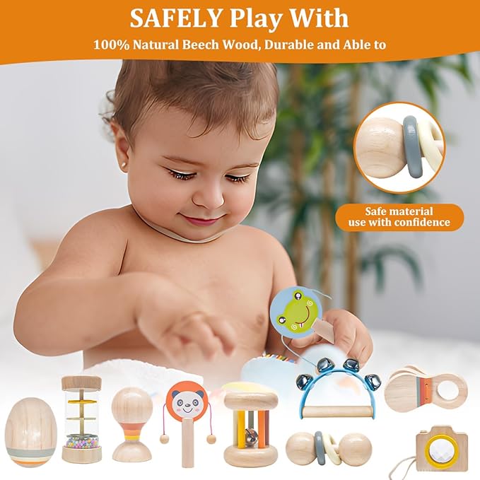 10 PCS Wooden Baby Toys Set-Organic Infant Rattles Newborns 0-6 Month & Montessori-Inspired Musical Instruments for 0-12 Month - Natural Toddler Developmental Toys