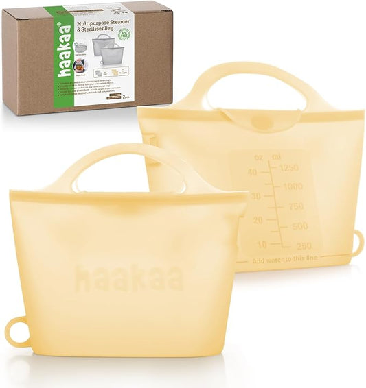 Haakaa On-The-Go Silicone Microwave Steam Sterilizer Bags for Travel, 40oz/1250ml Reusable Silicone Steaming Bags for Baby Bottles, Breast Pump, Accessories, Pacifiers, Teethers, Pineapple/2PCS