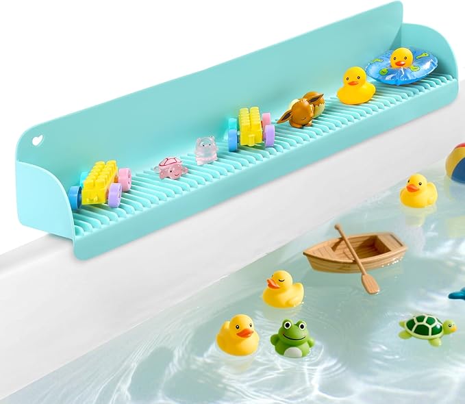 24 Inch Bathtub Splash Guard with 10 Suction Cups, Silicone Tub Water Splash Guard for Bathtub, Bath Toy Tray Holder Play Shelf for Kids, Universal for Bathroom, Kitchen Sink (Green)