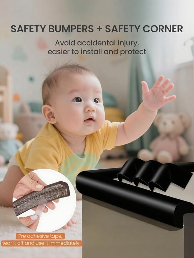 Baby Proof Edge Corner Protector, 6.56FT 0.47''Th L-Shape Furniture Corner & Edge Safety Bumpers with 6 Corners, Pre-Taped, Soft NBR Rubber Foam Desk Edge Cushion Wall Corner Protector(Black)