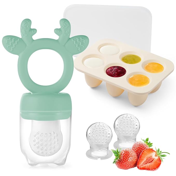 Baby Fruit Food Feeder with Popsicle Mold, Cute Teething Toys Silicone Teethers for Babies 3-12 Months for Baby Feeding Gift