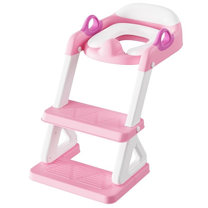 Potty Training Toilet Seat with Step Stool Ladder for Boys and Girls, 2 in 1 Potty Training Toilet, Splash Guard Anti-Slip Pad Step Stool (Pink) Pedal Upgrade