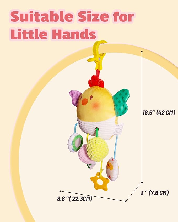 Baby Car Seat Toys 0-6 Months, Sensory Crib Hanging Soft Plush with Rattles, Crinkle Paper and Teether, Educational Toy for Baby Shower Newborn Infant Gifts (Yellow Chick)
