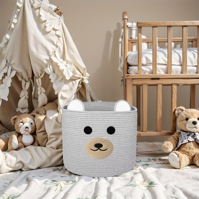 Bear Laundry Baskets Laundry Hamper Storage Baskets with Handles,Decorative Basket for Living room,Woven Storage Basket for Toys Bin Pillows Blankets Clothes (Grey)