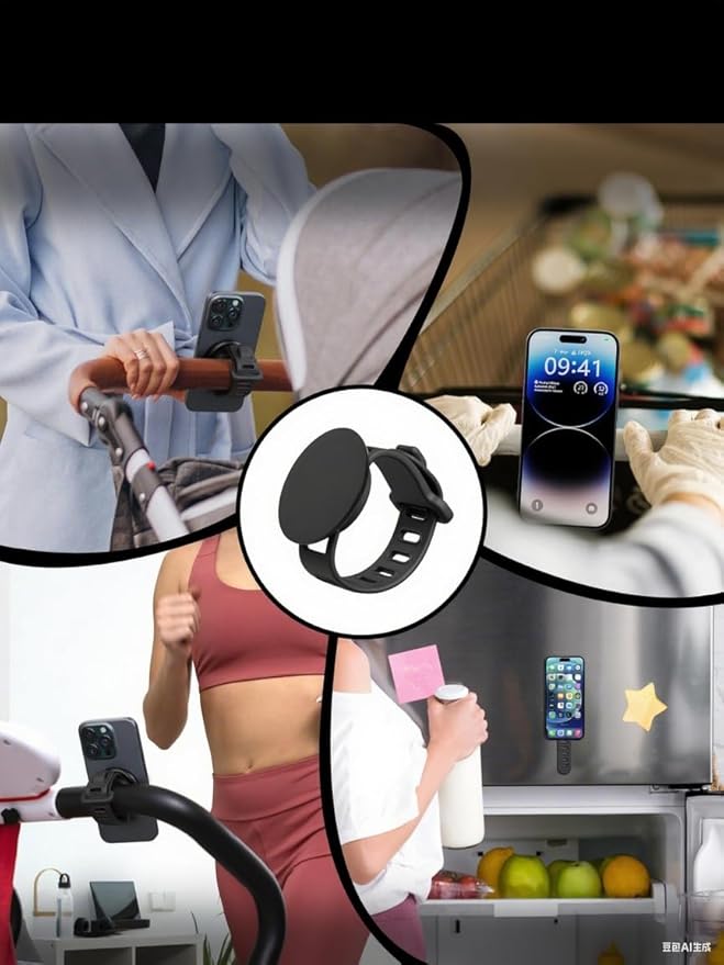 Stroller Phone Holder Universal Phone Holder for Stroller Strong magnetic phone holder with adjustable strap, stable and safe, compatible with fitness equipment, strollers, shopping carts, Black