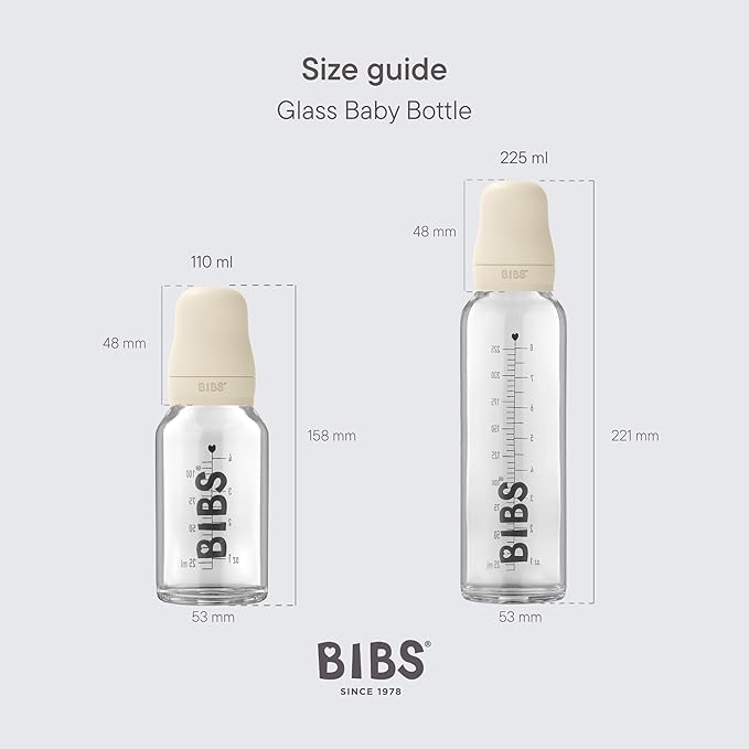 BIBS Baby Glass Bottle Complete Set 225 ml | BPA Free Natural Rubber | Made in Denmark | Sage
