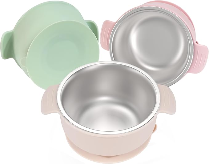 Bella’s Friends Stainless Steel and Silicone Baby Bowls with Suction 3 Pack, 4.3” for Toddlers Kids Feeding, Non-Slip, Non-Toxic, Mess-Free, Dishwasher Safe, Fit High Chair Size,beige green light pink