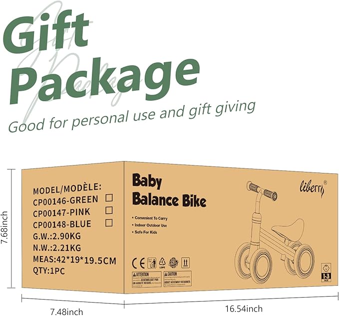 Liberry Baby Balance Bike for 1 Year Old Boys, 4 Wheels Toddler Balance Bike with Adjustable Seat, 12-24 Months Infant's First Birthday Gift (Green)