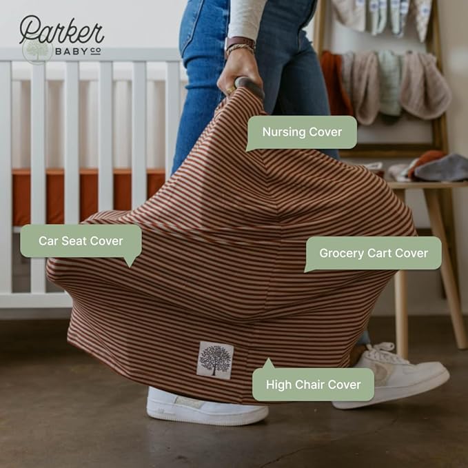 Parker Baby 4 in 1 Car Seat Cover for Girls and Boys - Stretchy Carseat Canopy, Nursing Cover, Grocery Cart Cover, High Chair Cover - “Clay/Alpaca Stripes”