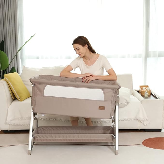 Bassinet, Bedside Sleeper for Baby, Rocking Cribs Newborn Infant Sleeping Bed, Portable Foldable Baby Travel Bed with Mattress, Height Adjust, Suit for 0-6M Bassinet (Khaki)