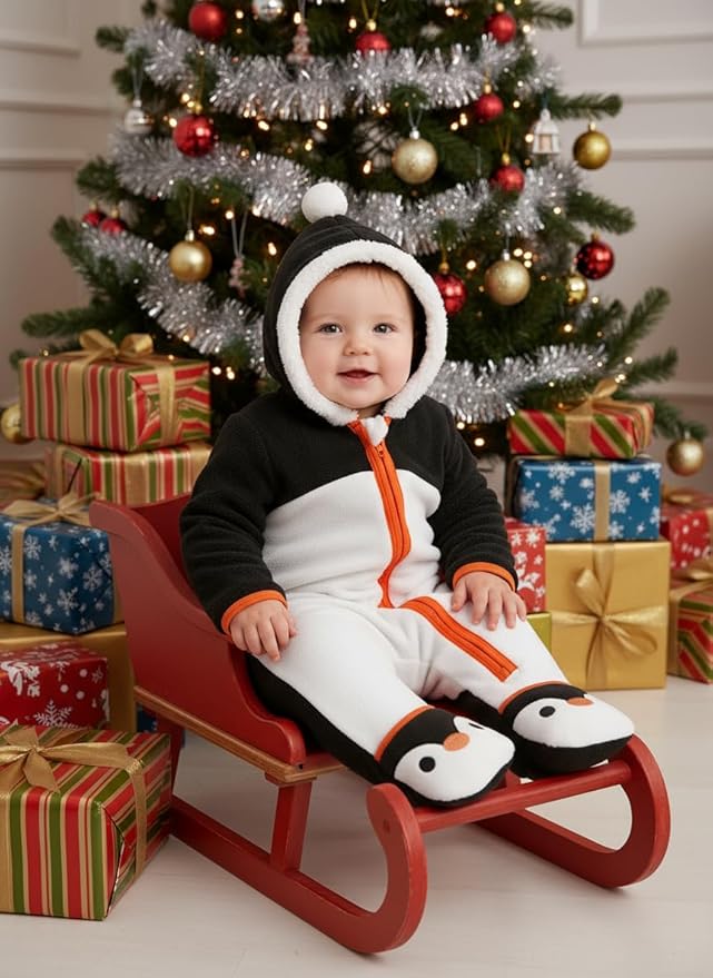 PATPAT Fleece Hooded Footed Romper Clothes, Soft Warm Footie Covers, Car Seat Friendly, Easy Zip, Cute Boy Girl