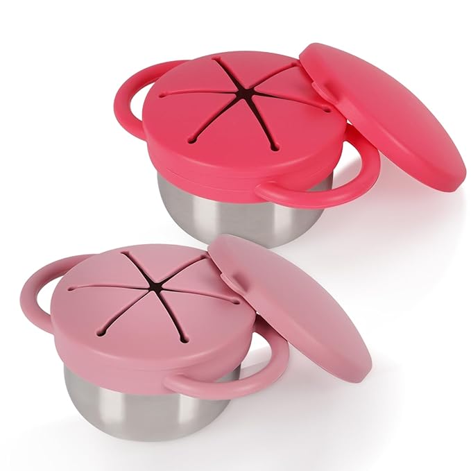2 Pack 304 Stainless Steel Snack Cups for Toddlers, Snack Containers with Spill-Proof Silicone Travel Lid & Handle, Dishwasher Safe, Removable Snack Catcher for Baby, Toddler