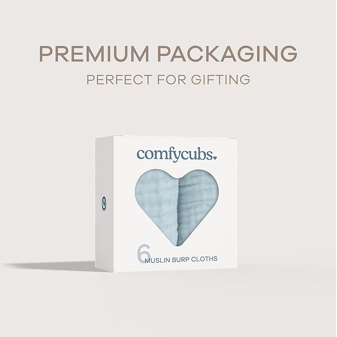 Comfy Cubs Muslin Burp Cloths 20" x 10", Pack of 6 - Large, 6-Layer, Ultra Absorbent 100% Cotton for Baby Drool and Messes - Soft, Safe & Gentle Baby Burp Cloths Set for Boys & Girls - Sky Blue