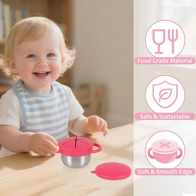 2 Pack 304 Stainless Steel Snack Cups for Toddlers, Snack Containers with Spill-Proof Silicone Travel Lid & Handle, Dishwasher Safe, Removable Snack Catcher for Baby, Toddler