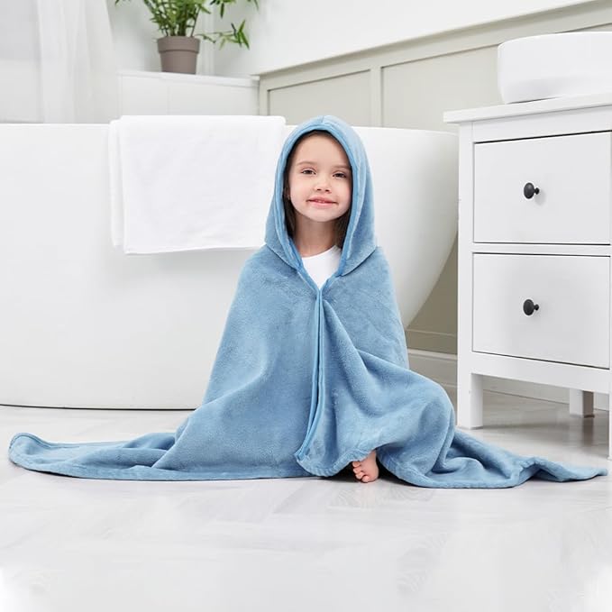 Hiturbo Kids Fleece Hooded Bath Towel: Soft Plush Pool Beach Towel Blanket - 50"x30" Toddler Towels Wrap for Boys Girls 3-12 Years (Blue)