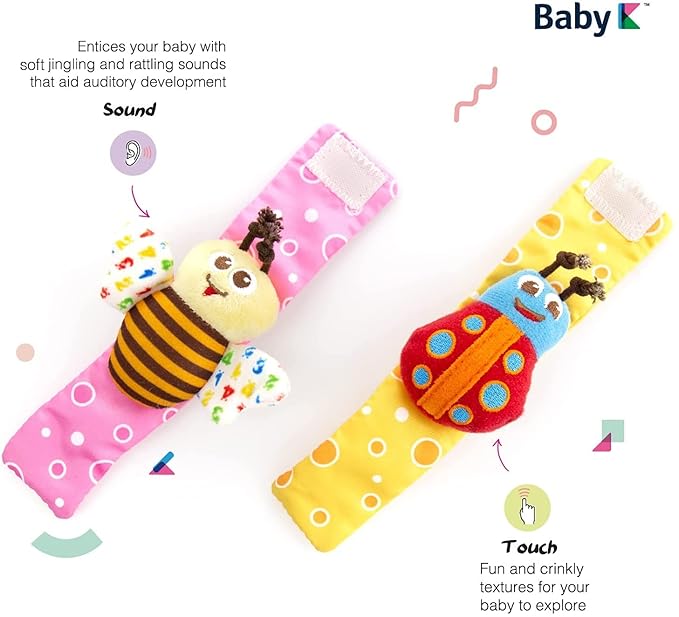 BABY K Baby Rattle Socks for Girls & Boys (Set B) - Baby Toys 6-12 Months - Baby Wrist Rattles and Foot Rattles - Baby Toys for Newborns As Gift - Easy to Wear Baby Rattle Toys