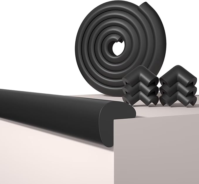 Baby Proof Edge Corner Protector, 6.56FT 0.47''Th L-Shape Furniture Corner & Edge Safety Bumpers with 6 Corners, Pre-Taped, Soft NBR Rubber Foam Desk Edge Cushion Wall Corner Protector(Black)