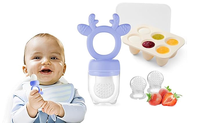 Baby Fruit Food Feeder Teether with Popsicle Molds, Cute Teething Toys Silicone Teethers for Babies 3-12 Months for Baby Feeding Gift