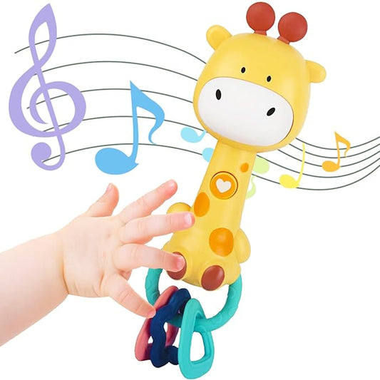 Bright Yellow Giraffe Baby Musical Rattle Toy - Light-Up Teether & Sensory Chew, BPA-Free Soft Rubber, Baby Shower & 1st Birthday Gift for 6-18 Months 1+ Year Old