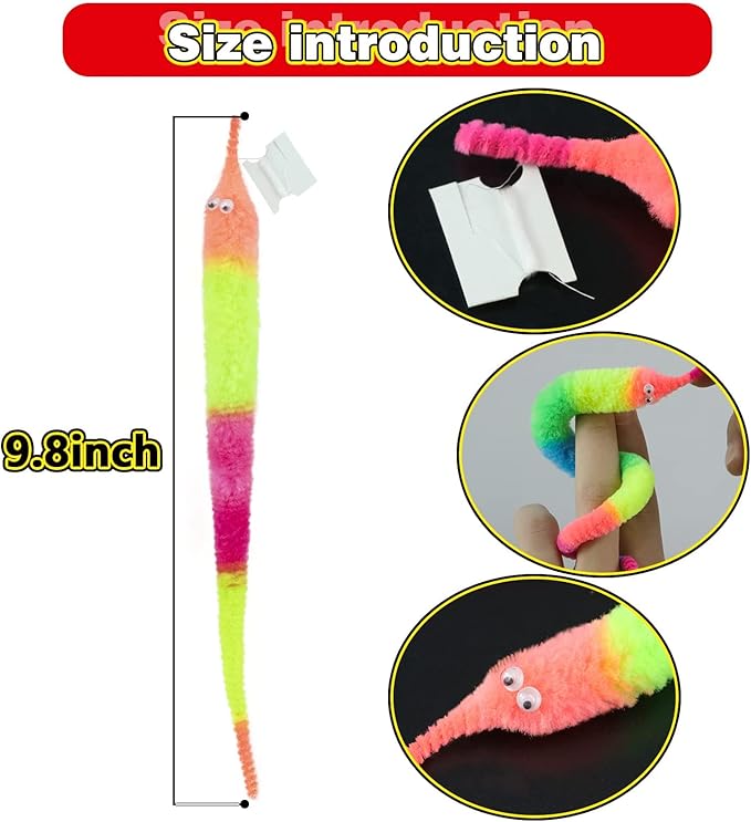 10 PCS Rainbow Fuzzy Worms On String Bulk Trick Toy Party Favors for Kid Cat ,Fuzzy Worm Toys String Pets