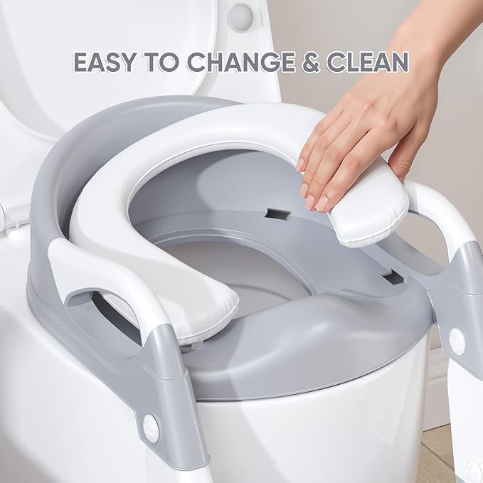 3-in-1 Potty Training Seat & Training Toilet & Potty Chair, Height Adjustable Toddler Toilet Seat for Kids Boys Girls, Foldable Potty Training Toilet with Splash Guard and Anti-Slip Steps (Grey)