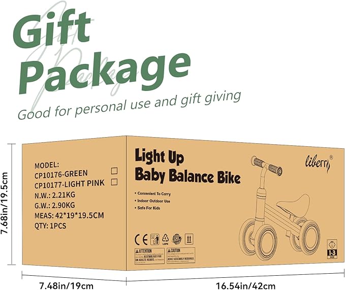 Liberry Light Up Baby Balance Bike 1 2 Years, Ride Toys with Adustable Seat for Boys Girls, First Birthday Gift for Toddlers, Green