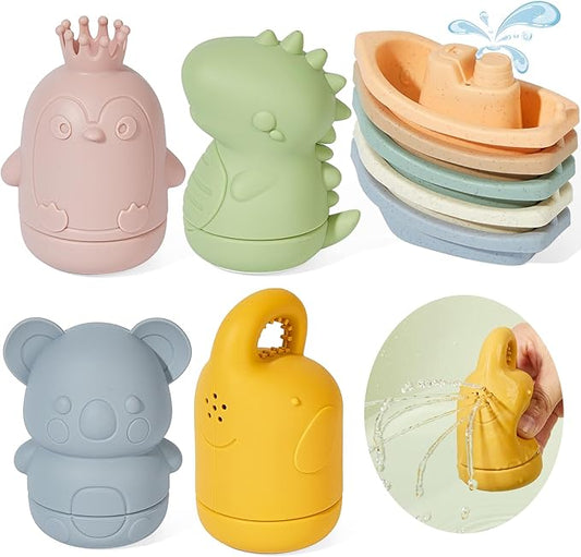 Baby Bath Toys 9PCS Mold Free Bath Toys for Kids Ages 1-3 Bathtub Water Toys with Easy Clean Silicone Bath Toy for Babies 6-12 Months and Safe Bath Boats, Baby and Toddler Christmas Stocking Stuffers