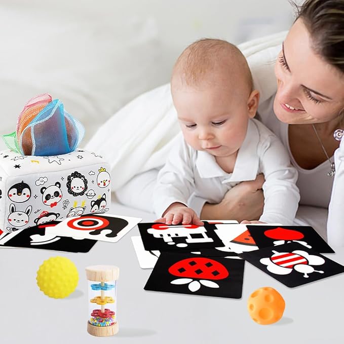 Montessori Toys for Babies 0-6 Months,7 in 1 Newborn Toys Baby Gifts Set Early Learning Toys with Black & White Baby Flashcards,Tummy Time Mirror,Baby Rattle,Sensory Balls,Tissue Box,Rain Stick