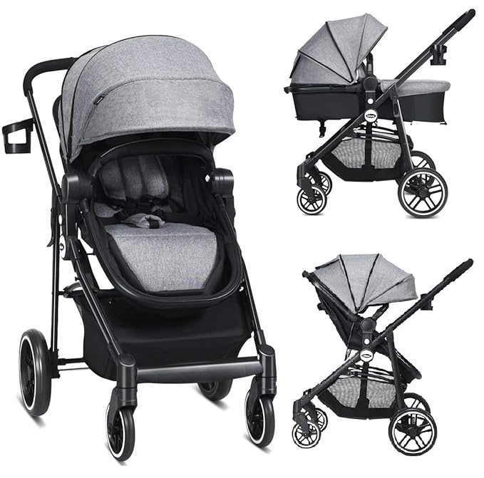 INFANS 2 in 1 Baby Stroller, High Landscape Infant Stroller & Reversible Bassinet Pram, Foldable Pushchair with Adjustable Canopy, Cup Holder, Storage Basket, Suspension Wheels (Volcanic Ash)