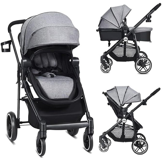 INFANS 2 in 1 Baby Stroller, High Landscape Infant Stroller & Reversible Bassinet Pram, Foldable Pushchair with Adjustable Canopy, Cup Holder, Storage Basket, Suspension Wheels (Volcanic Ash)