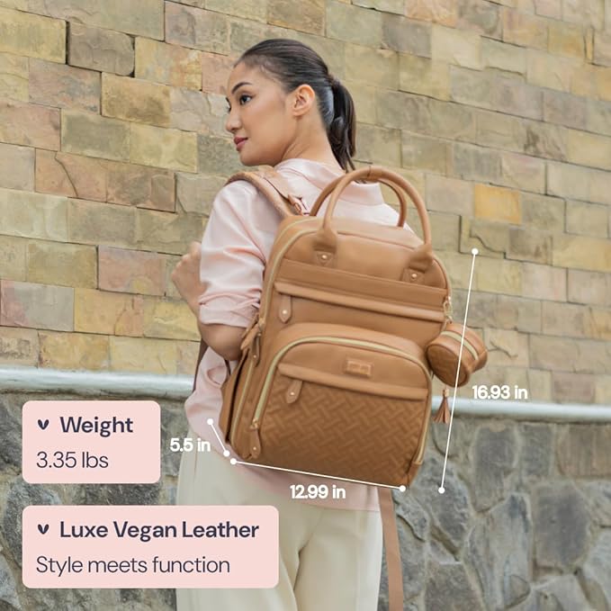 BabbleRoo Leather Diaper Bag Backpack - Baby Essentials Travel Baby Bag, Multi function, Water Resistant, with Changing Pad, Stroller Straps & Pacifier Case – Unisex, Light Brown