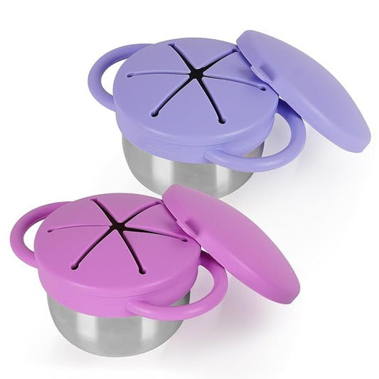 2 Pack 304 Stainless Steel Snack Cups for Toddlers, Toddler Snack Containers with Spill-Proof Silicone Travel Lid & Handle, Dishwasher Safe, Removable Snack Cup for Baby, Toddler, Kids