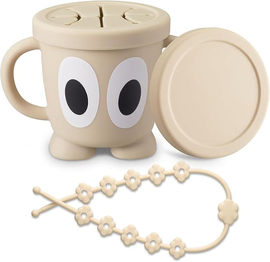 Silicone Snack Cups Food Container for Toddlers and Babies, Spill Proof Training Cup with Snack Cup Lid & Dust Proof Lid, Comes with a toy strap, Without BPA, Lead, or Phthalates (Beige)