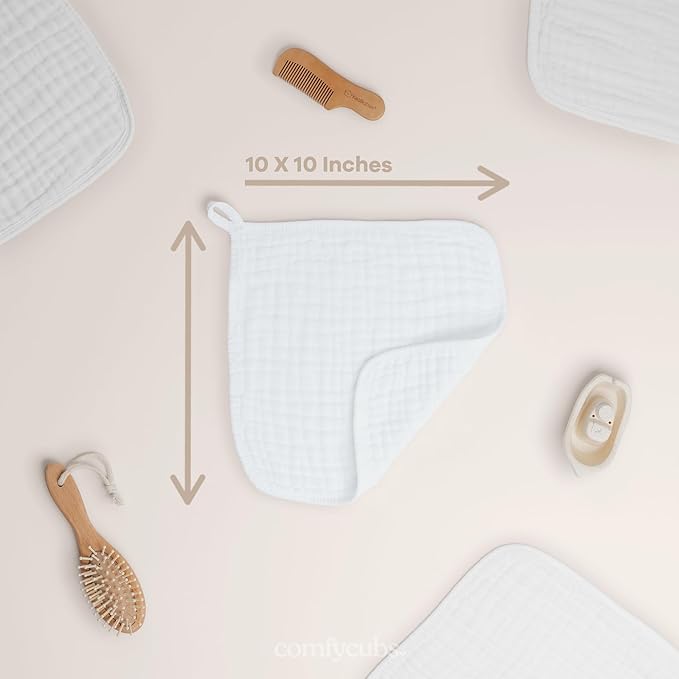 Comfy Cubs Muslin Baby Washcloths 6 Pack - Soft 6-Layer Cotton Wash Cloths for Sensitive Skin - 10"x10" Large, Gentle, Absorbent Infant Essentials for Newborn and Toddlers - White