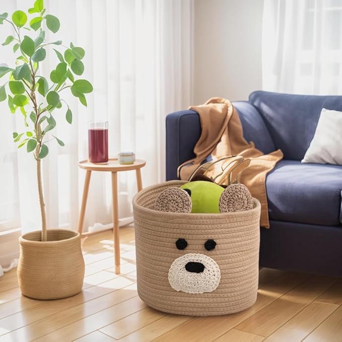 Bear Laundry Baskets Laundry Hamper Storage Baskets with Handles,Decorative Basket for Living room,Woven Storage Basket for Toys Bin Pillows Blankets Clothes (Brown)