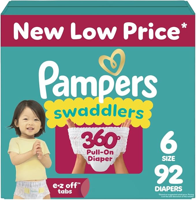Pampers Diapers - Swaddlers 360° - Size 6, 92 Count, up to 100% Leakproof Comfy Dry Fit, Designed for Easy Changes, Pull On Baby Diaper (Packaging May Vary)