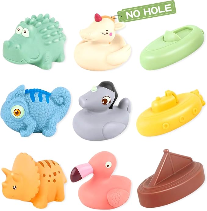 Bath Toys for Babies, 9 Pack Mold Free & No Hole Bath Toys with Rubber Floating Boats & Animals, Toddlers Bathtub Water Play Toys for Baby Gifts