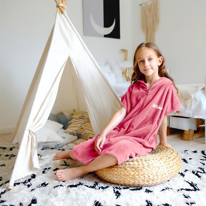 Hiturbo Kids Bath Towel Hoodie: Absorbent Quick Dry Zipper Surf Poncho - Changing Towels Swimming Outerwear (Pink)