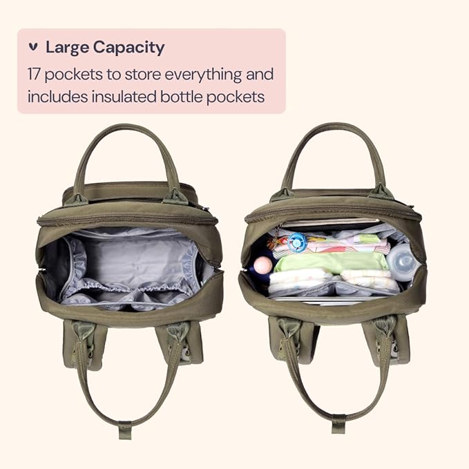 BabbleRoo Diaper Bag Backpack - Baby Essentials Travel Tote - Multi Function Water Resistant Diaper Bag, Travel Essentials Baby Bag with Changing Pad, Stroller Straps & Pacifier Case - Army Green