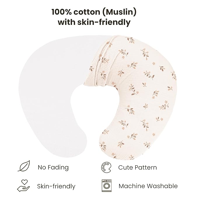 Konssy Muslin Nursing Pillow Covers, Soft and Cute Nursing Covers for Breastfeeding Pillows, Ideal for Newborn Baby Boys and Girls (Brown Leaf, Pink Sun) - 2 Pack