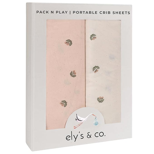 Ely’s & Co. Pack and Play Sheets, for Mini/Portable Crib, 2 Pack Fitted Playpen Play Yard Sheet Set Compatible with Graco Pack n Play, for Baby Girls, 100% Cotton, Pink Vintage Floral, 38”x24”x5”