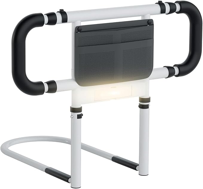 Bed Rails for Elderly Adults Safety: Elderly Assistance Products with Adjustable Double Grips, Storage Pocket, Motion Sensor Light, Items for Elderly Bed Rail, Can Withstand 300lb(White)