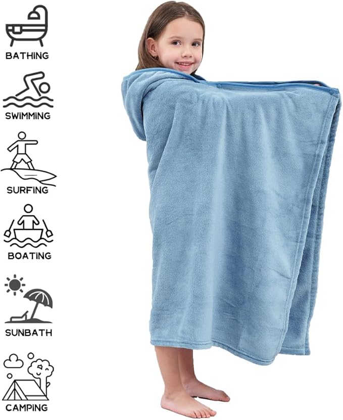 Hiturbo Kids Fleece Hooded Bath Towel: Soft Plush Pool Beach Towel Blanket - 50"x30" Toddler Towels Wrap for Boys Girls 3-12 Years (Blue)